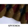 KPYTOMOA Femmes Mode avec garnitures côtelées Argyle Cardigan Pull Vintage Manches longues Bouton-up Femme Vêtements de dessus Chic Tops 201203
