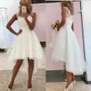 2021 High Low Wedding Dresses Lace Applique Sequins Tulle Tiered Skirt Scoop Neck Beach Wedding Gown Custom Made vestido de novia