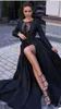 Long Sleeves Black Prom Dresses Lace Satin Front Slit Custom Made Scoop Neck A Line Floor Length Formal Evening Party Gowns