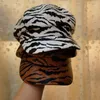 Berets Women Faux Leather 8 Panels Beret Cap Zebra Striped Print Painter Sboy Hat 23GE1