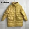 Aachoe Casual Kobiety Długie Parka Z Kieszeniem Solidna Z Długim Rękawem Cotton-Padded Jacket Ladies Winter Grube Ciepłe Płaszcze Ropa de Mujer LJ201021