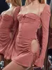 Cryptographic Elegant Baby Pink Cutout Halter Mini Dress for Women 2022 Club Party Sexy Drawstring Mesh Ruched Dresses Clothes Y220222