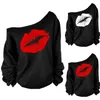 Sexy Rote Lippen Print T-shirt Frauen Eine Schulter Plus Größe T-shirt Langarm Casual Lose Sommer T-shirt Top Camisetas mujer Schwarz 201028