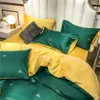 Luxury Green Little bees print 60s Egyptian cotton bedding set Queen Size duvet cover set yellow fitted bed sheet pillowcase 4pc T200706