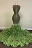 NY! Sparkly Sequin Olive Green Mermaid African Prom Klänningar 2022 Svart Girls Long Graduation Dress Plus Size Formal Evening Gowns XWY01