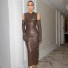 Nowe seksowne kobiety w Milan Runway Sukienki z rękawami Załoga szyi Bodycon Slim Midi Long Pu skóra wysokie sukienki kwalifikacyjne żeńskie eleganckie evn342U