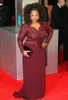 Roter Teppich Plus Size Burgund Oprah Winfrey Etuikleid mit V-Ausschnitt, langen Ärmeln, Spitzenoberteil, Sweep-Zug-Abendkleid für fette Frauen, Partykleider