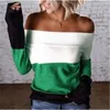 Women Splicing Knits T-shirts Sweater Fashion Trend Long Sleeve Slash Neck Strapless Knitting Tops Designer Famale Spring Sexy Loose Casual Tshirt