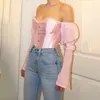 Sexy Women Off Shoulder Bustier Shirts Corset Strap Long Sleeve Blouse Fashion Female Lace-up Strapless Bodycon Gothic Tops 220314