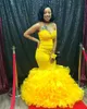흑인 소녀 슬림 섹시한 섹시한 아프리카 노란색 인어 댄스 파티 드레스 레이스 아플리케 오르간 바닥 - 길이 파티 가운 공식 드레스 저녁 파티 착용