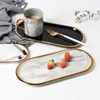 Goldplated oval ceramic marble tray food fruit storage jewelry main plate dessert plate decoration metal party plate tableware Y12831665