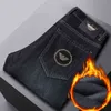 Grijze zwarte non stick wool jeans mannen winter warme pluche verdikte geborduurde casual broek mode