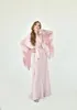 세련된 분홍색 새틴 실크 나이트 롤 여성 레이스 아플리케 긴 소매 드레스 벨트 가운 공식 이벤트 오버레이 잠옷