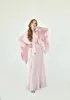 Robes de nuit Chic en Satin de soie rose pour femmes, avec Appliques en dentelle, manches longues, avec ceinture, vêtements de nuit formels pour événements