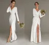 Enkel sjöjungfru vit slits bröllopsklänning för kvinna med långa ärmar civil brudparty klänning smal v hals elegant mantel de mariage 20283a