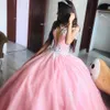 Luxurt Crystals Beaded Pink Quinceanera Dresses 2022 Deep V Neck Sweet 15 16 Dress Corset Puffy Tulle Skirt Off The Shoulder Long Birthday Party Prom Gowns Sweep Train