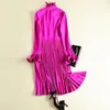 HIGH QUALITY Newest Designer Fashion Runway Dress Women's Flare Sleeve Bow Collar Midi Pleated Dress 201204