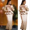 2021 Arabisk champagne Lace Sexig Moder av brudklänningar Långärmade Handgjorda Blommor Sheath Peplum Vintage Prom Kväll Plus Storlek Formell Party Gowns Dress