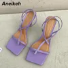 Aneikeh Women's Sandals Fashion Leisure Thin Heels Cross-Tied Square Toe Elegant Party Narrow Band Print Plaid Shoes 2021 Summer C0129