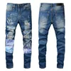 Top quality Mens jeans Hole patch printing Distressed Motorcycle biker jean Rock Skinny Slim Ripped Knee zipper Denim pants252g