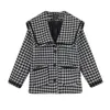 벨라 철학 여성 체크 무늬 트위드 쇼트 코트 레이디 한국어 포켓 모직 자켓 Outwear 여성 칼라 짧은 코트 201218