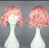 Fashion pink short skirt heat-resistant fiber curly hair female wig