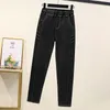 Jeans Woman High Waist Plus Size Stitching Elastic Casual Full Length Denim Black Harem Pants LJ201013