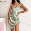 Casual Dresses Nadafair Ruched Satin Mini Sexy Dress Woman Back Bandage Off Shoulder Silk Spaghetti Strap 2021 Summer Club Party