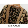 KPYTOMOA Women Fashion Leopard Pattern Loose Knitted Cardigan Sweater Vintage Lantern Sleeve Female Outerwear Chic Tops 201204