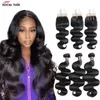 Ishow Virgin Weave Extensions Ciała Fala 8-28 cal dla kobiet Proste Wefts Jet Black Color Human Hair Bundles z zamknięciem koronki