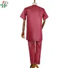 HD Afrika Erkekler Giyim Takım Elbise Kısa Kollu T Gömlek Pantolon Set Geleneksel Kentsel Beyaz Nakış Kırmızı Camisa Africana Masculina
