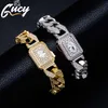 GUCY Square Miami Cuban Bracelet Chain Men's Hip Hop Link Solid Back Copper Full Zircon Fashion Rock Jewelry B1205