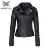 AORRYVLA Nuove donne Autunno Inverno Nero Faux Giacche in pelle Cerniera Cappotto corto di base Slim Colletto rovesciato Motor Biker Jacket Top T200828