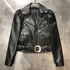 Natural Leather Women Lambskin Leather Bomber Biker Jacket Long Sleeves 100% Sheepskin Leather Coat H715 201030