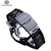 Forsining Clássico Negros Mens Mecânica Relógios Tourbillon Hollow Skeleton Auto-vento Data Moonfase Aço Cintos Automático Assista