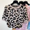 Autunno nuove donne o-collo stampa leopardata manica corta lavorato a maglia maglione moda top maglione camicia215A