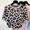 Autumn new women's o-neck leopard print short sleeve knitted fashion sweater tops jumper shirt215A