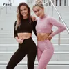 Conjunto de Yoga sin costuras para mujer, traje deportivo de 2 uds., ropa de entrenamiento, Top corto de manga larga para gimnasio, Leggings de cintura alta, ropa deportiva para Fitness 9287656