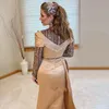 Champagne lange mouwen prom jurken luxe kralen kristal overskirt Arabische Arabische Dubai zeemeermin receptie jurk avondkleding