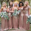 Bruidsmeisje jurken eenvoudige ontwerpen bling rose gouden lovertjes jurk lange sexy vloer lengte boho plus size op maat gemaakt