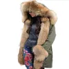 Nya Kvinnor Stor Raccoon Collar Hooded Real Fox Fur Liner Coat Black Army Green Parkas Outwear Winter Jacket 201103