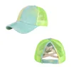 Hot Tie Dye Baseball Cap Fashion Women Girls Cross Ponytail Mesh Back Trucker Hat Vuxna Kids Ponytail Hole Sun Andningsbara Snapback Hats