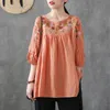 Bluse Frauen Plus Größe Tunika Baumwolle Damen Tops Casual Stickerei Vintage Lose O Hals Weiß Fledermausärmel Blusa Feminina T200321