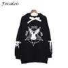 Focal20 harajuku pentagram print spets upp kvinnor fleeces hoodies gothic punk oversize velvet hooded sweatshirt pullover streetwear lj200811