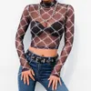 Frauen T-Shirt Mesh T Shirt Femme Sexy Langarm Crop Top Kette Print T Frauen Streetwear Vintage Fishnet 2022 ankunft