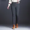 OUMENGK 2019 Nova Moda Cintura Alta Outono Inverno Mulheres Espessura Quente Calças Elásticas Qualidade S-5XL Calças Tipo Tipo Pais T200103