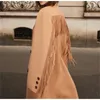 Женщина верблюд цвет длинные 100% шерстяной траншеи пальто задние длинные кисточки рукава переднее двубортное ослабьте воротник модные пальто 201216