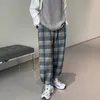 Pantaloni scozzesi da uomo Kpop Pantaloni dritti a quadri rilassati retrò lavato con coulisse pantaloni larghi larghi oversize larghi