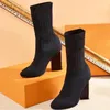 calze autunno inverno stivali tacco tacco moda sexy stivale elastico lavorato a maglia scarpe da donna alfabetiche lady lettera tacchi alti spessi taglia grande 37-42 us4-us11 con scatola