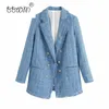 Élégant Chic Bleu Bijoux Double Boutonnage Tweed Veste Mode Femmes Élégant Turn-down Col Manteau Femme Chic Survêtement 201026